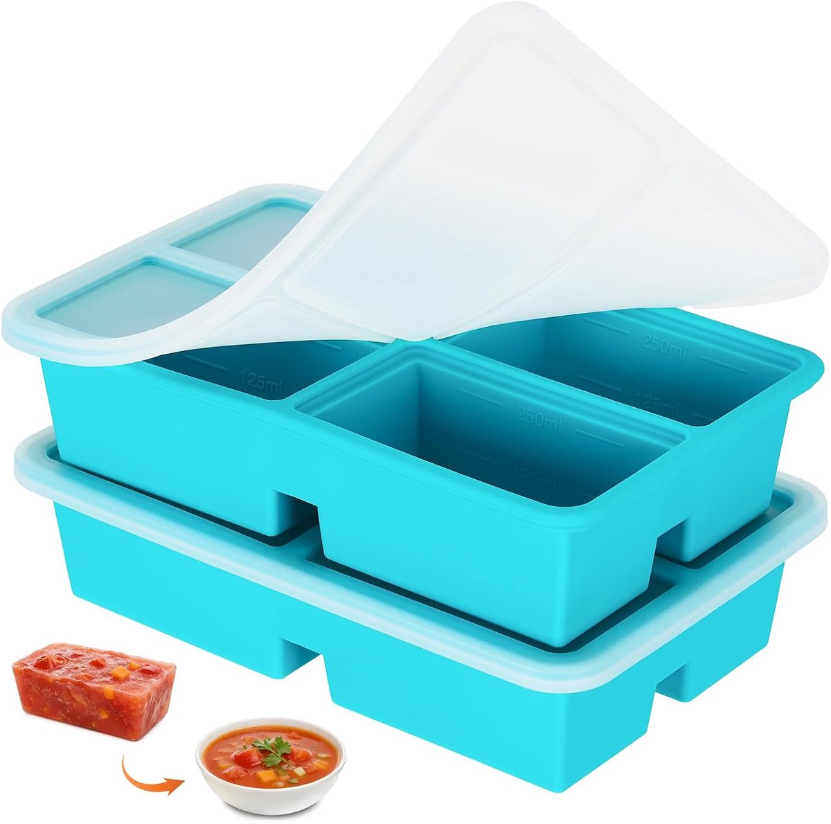 Set van 2 soep vriescontainers, 4 vakken × 250 ml soepblokjes, siliconen vriescontainer met deksel, BPA-vrije levensmiddelen, soepvriezer, soep, ijsblokjesvorm voor bouillon, saus, ijs (blauw)