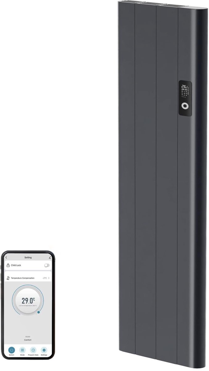 SnelShoppen - Elektrische Verwarming 1000 W Wandmontage met Wifi-Functie, Energiebesparende Platte Radiator in Antraciet, Stil met Ramen Detectie voor