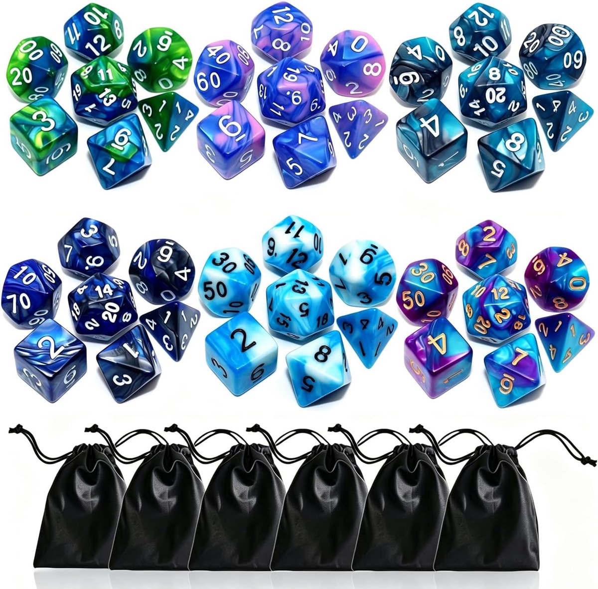 DND dobbelstenen set 6 stuks dubbele kleuren dobbelstenen sets compatibel met Dungeons and Dragons D & D rollenspel RPG MTG games dobbelstenen met D4 D6 D8 D10 D% D12 D20 (set met 6