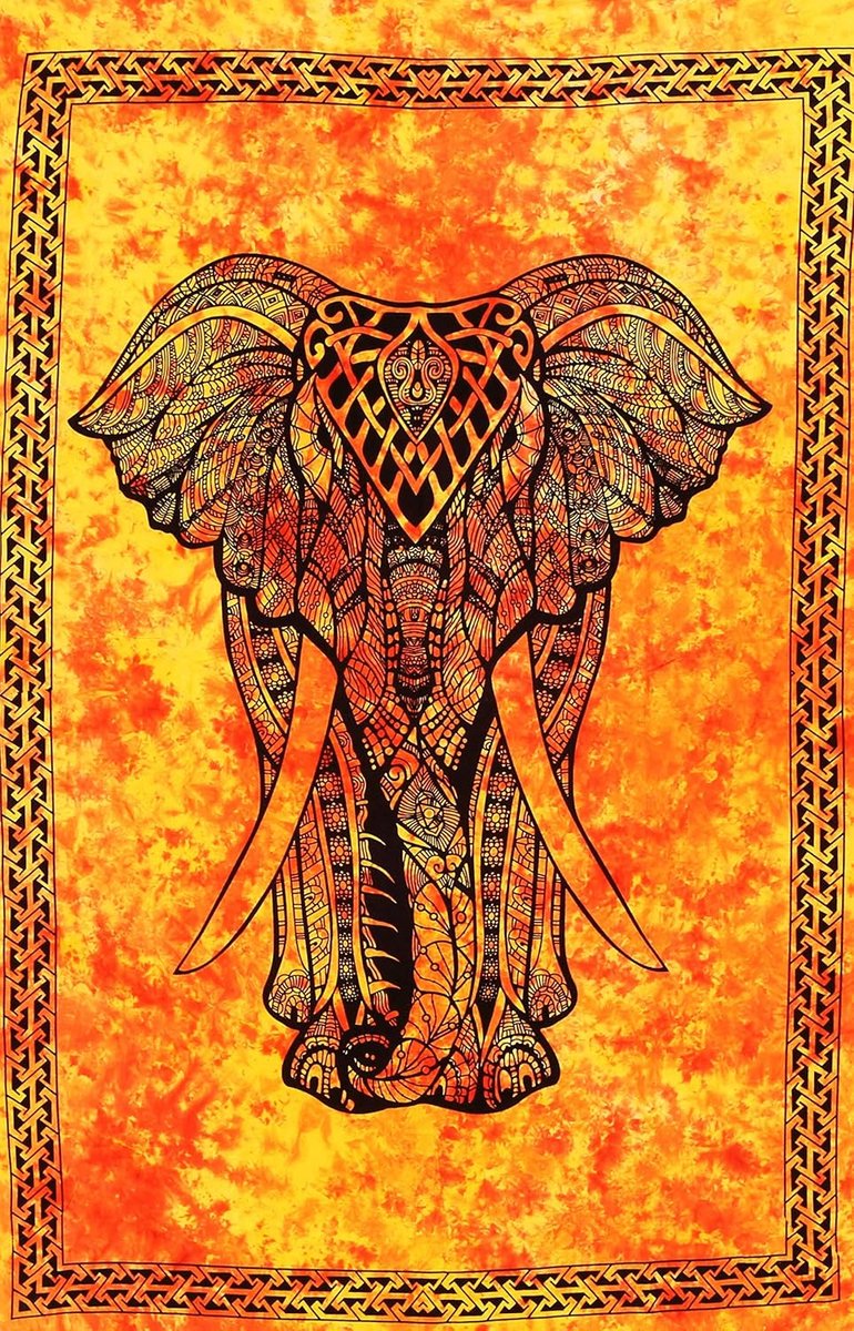 Handmade 76 x 102 cm Geel, Oranje Olifant Poster Wandtapijt Muur Opknoping Slaapkamer Decor Hippie Indische Tie Dye Kleine Boho Tapijt Psychedelische Poster Mandala Wandtapijten (Ontwerp P11)