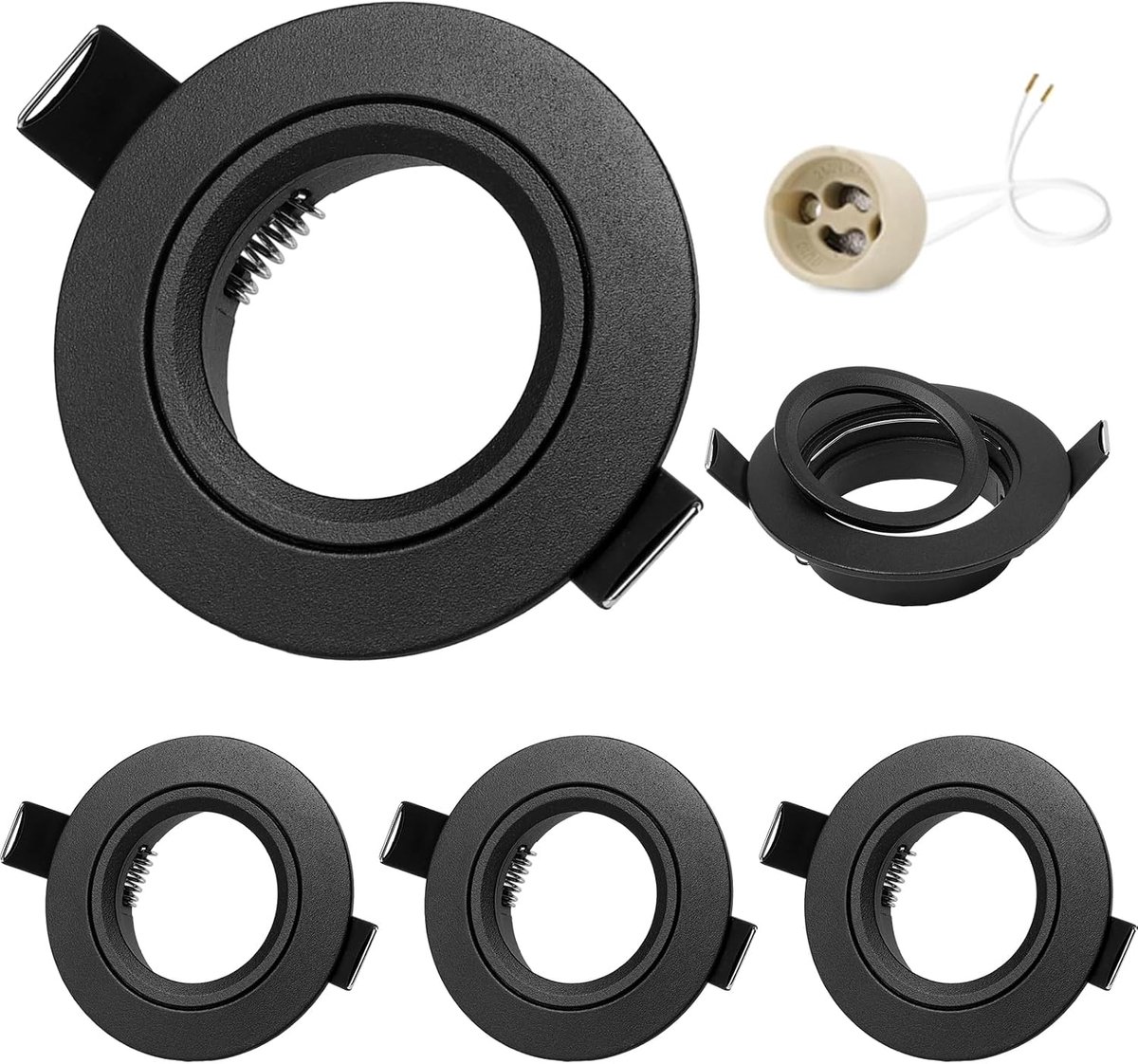 4-delige set LED-inbouwspots 230V frames met GU10 houder voor GU10 MR16, matte zwarte ronde vlakke LED-spots, plafondspots, aluminium inbouwspots, spot inbouwframes, gatmaat 68 mm