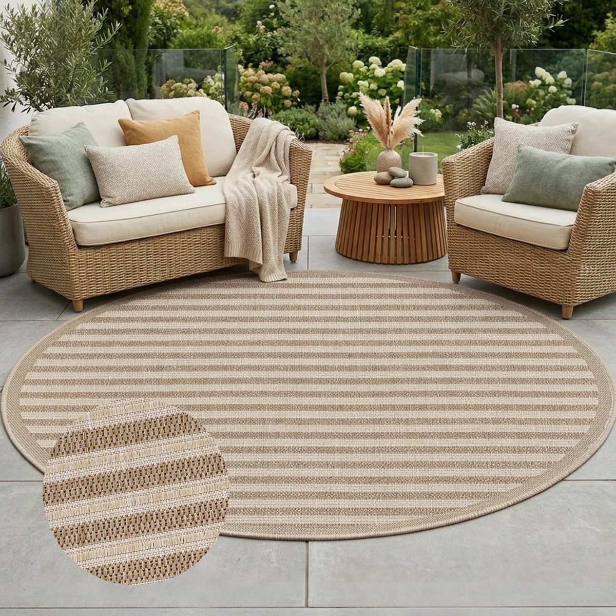 carpet city Outdoor tapijt, weerbestendig, bruin, 160 cm, rond, moderne lijnlook, plat weefsel, robuust, uv-bestendig en weerbestendig, voor buiten, balkon, terras, hal