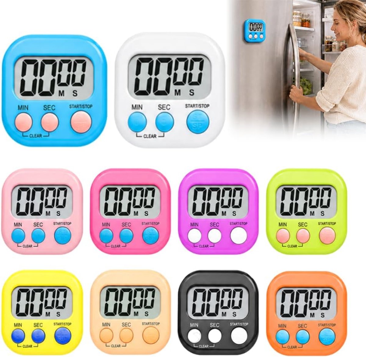 10 stuks mini-timer, digitaal, magnetisch, eierwekker, digitaal, met inklapbare standaard, korte wekker, digitaal, klein, lcd-timer, digitaal, voor koken, bakken, sport, leren, kleurrijk