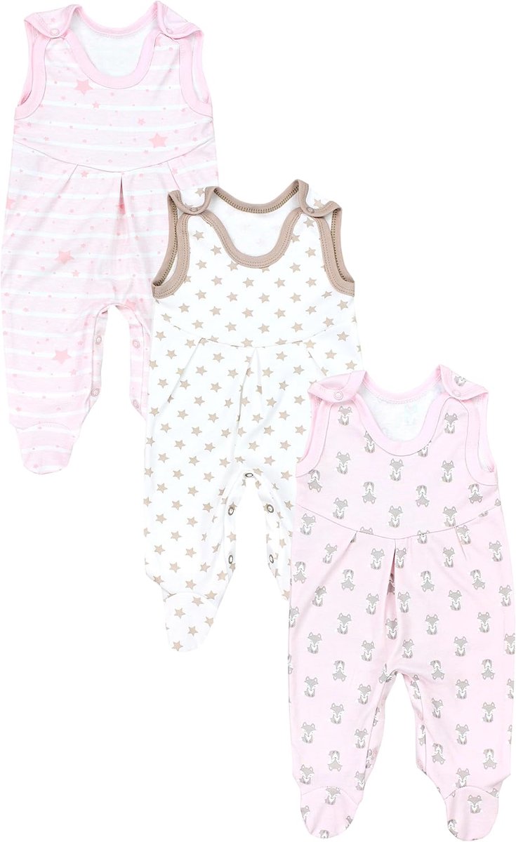 Baby Meisjes Boxpakje Mouwloos 3-Pack, Vos Roze Strepen Sterren Beige, 50