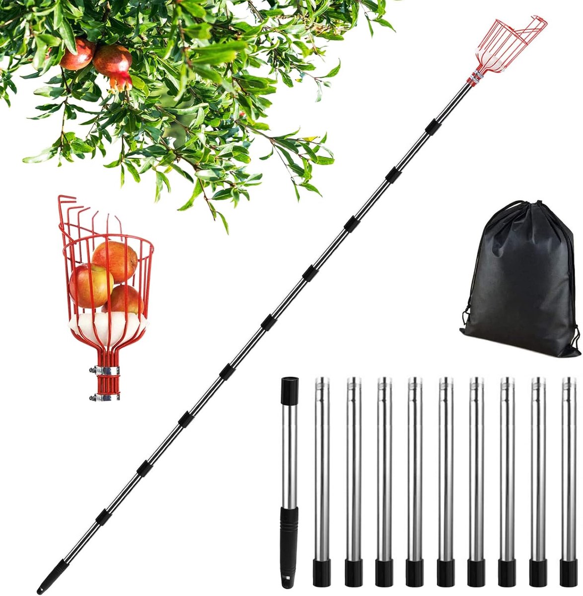 Appelplukker met telescopisch handvat 4,3 m, fruitplukker met telescopisch roestvrij staal, fruitplukker metalen fruitplukker gereedschap voor perzik oranje citroenboom buiten tuin grijper Ø 145 mm