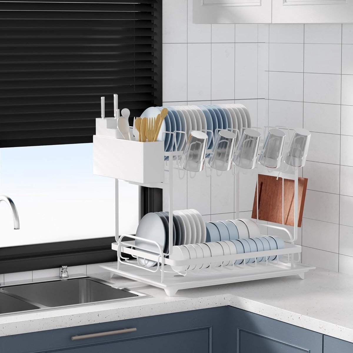 SnelShoppen - Rvs Afwasrek 2-Laags met 360° Afvoer, Afvoerbak en Snijplankhouder, Groot Afwasrek voor Keuken en Gootsteen, Wit