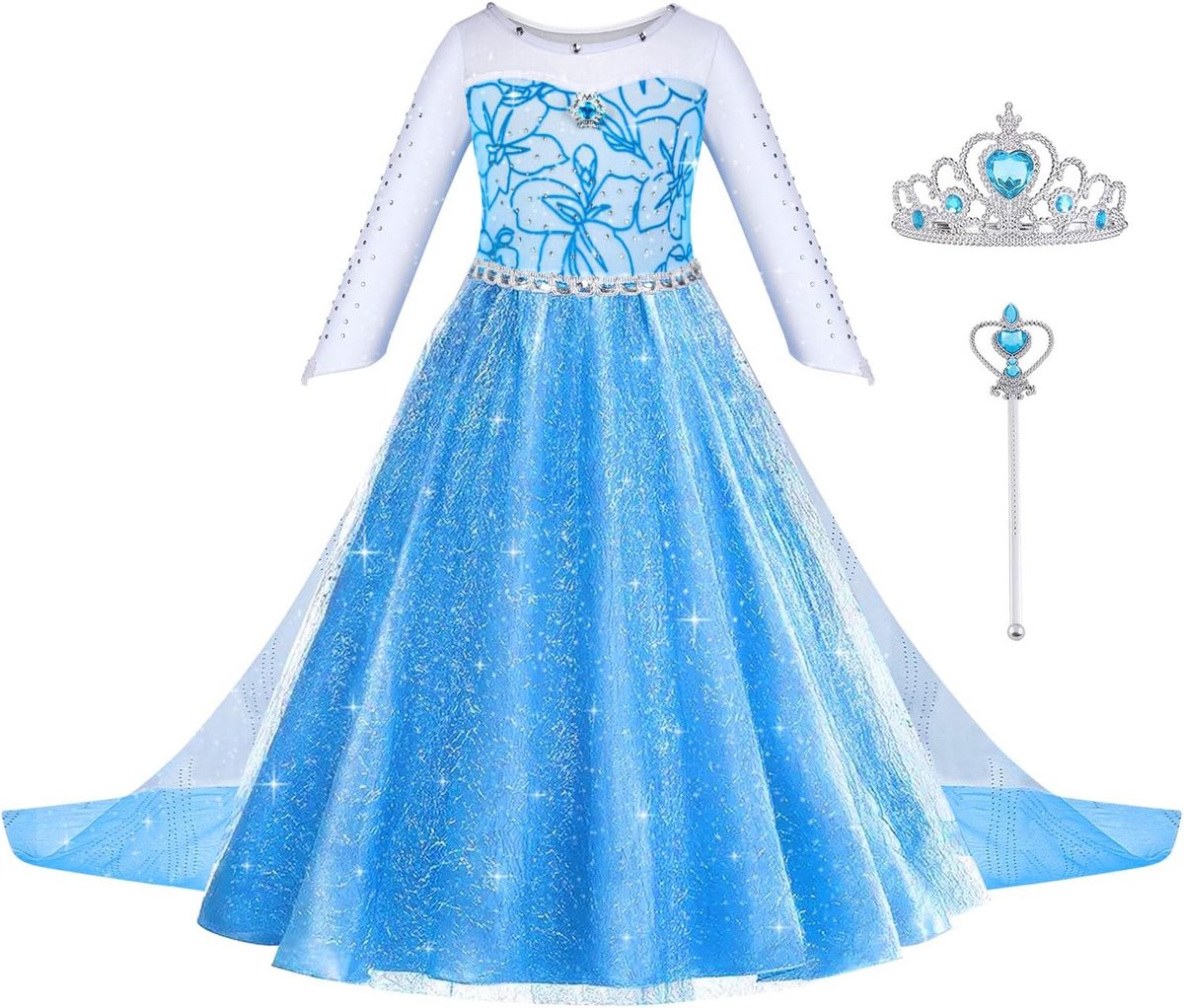 Elsa Jurk Set, Kostuum Elsa Anna Bevriezing Meisje Prinses met Kroon Toverstaf, Elsa Meisje Prinses Jurk voor Halloween Cosplay Party Verjaardag Fancy Dress