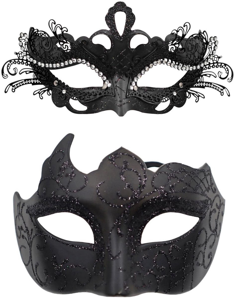 Omgoods - Set van 2 Venetiaanse Maskers voor Koppels, Zwart