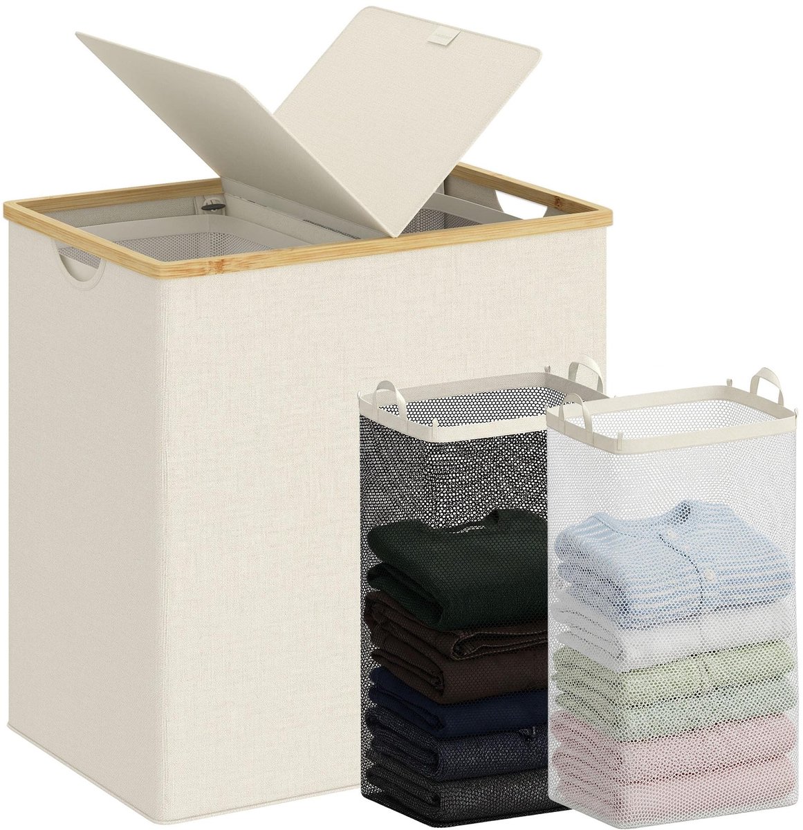 Omgoods - Dubbele Wasmand met Deksel en 2 Verwijderbare Vakken - 140L Beige