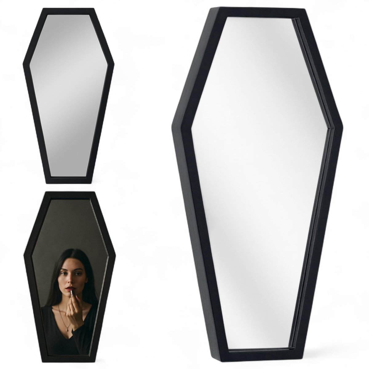 Omgoods- Wandspiegel Doodskistvorm - Houten Spiegel - Matzwart - 38 x 18 x 1,2 cm - Decoratie voor Badkamer/Slaapkamer - Stijlvolle Diepte - Decoratiespiegel