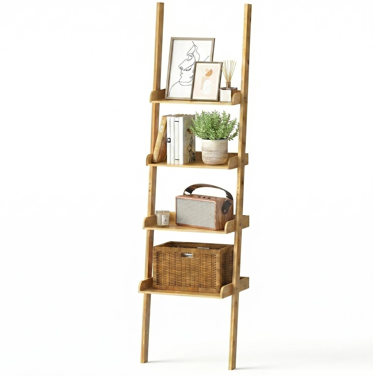 Omgoods - Bamboe Ladderrek met 4 Planken voor Wandmontage