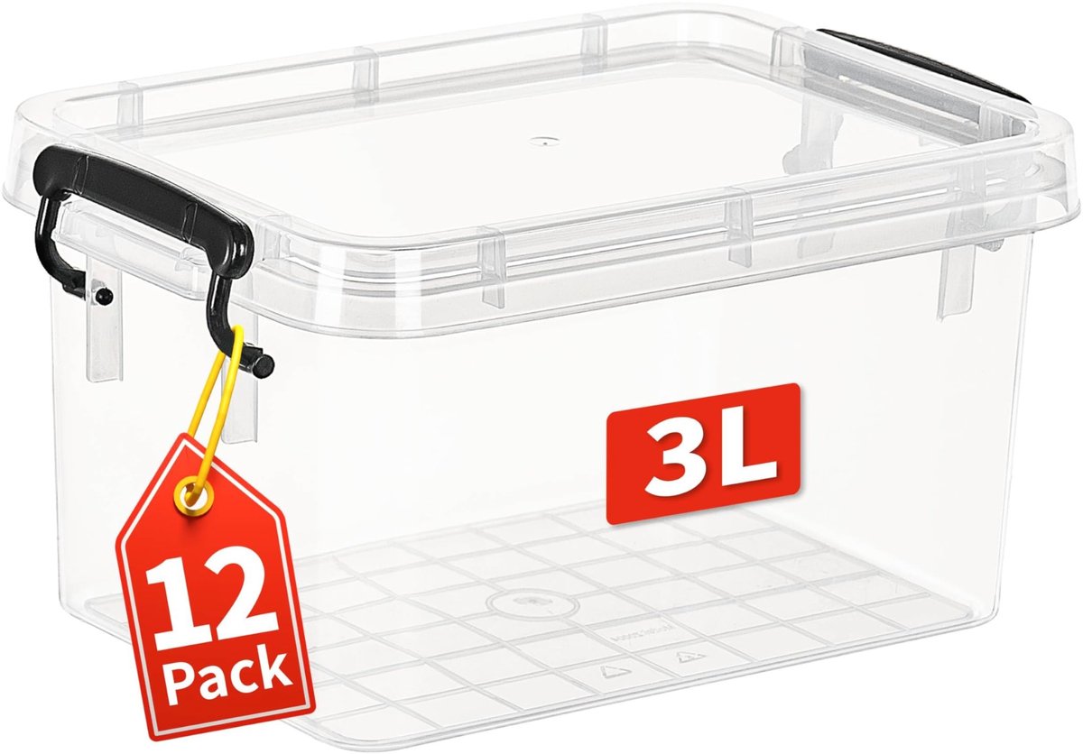 Omgoods - Set van 12 Stapelbare Plastic Opbergdozen met Deksel 3L