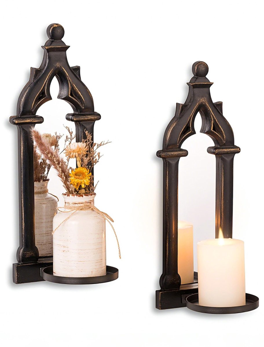 Omgoods- Kaarsenhouder Wanddecor - Houten Kandelaar - Set van 2 - Gotisch Design - Antiek Zwart - Geschikt voor Dinerkaarsen - Wandkandelaar