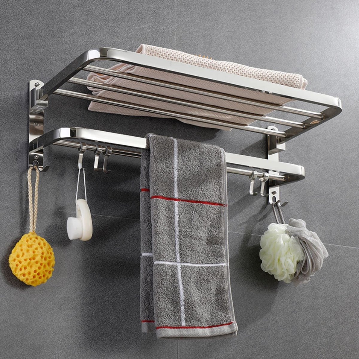 Omgoods - Opvouwbaar Handdoekenrek RVS Wandmontage met Plank en Haken 58cm