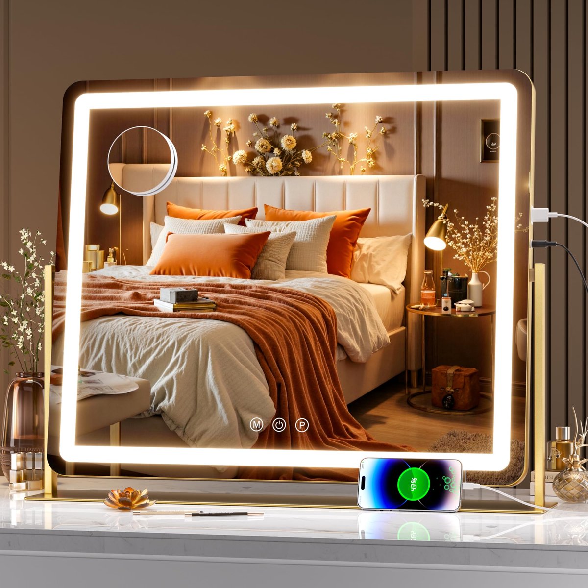 SnelShoppen - Hasipu Make-upspiegel met verlichting 65 x 55 cm, LED-make-upspiegel met Smart Touch Control, 10x vergroting, 3 kleuren dimbaar, helderh