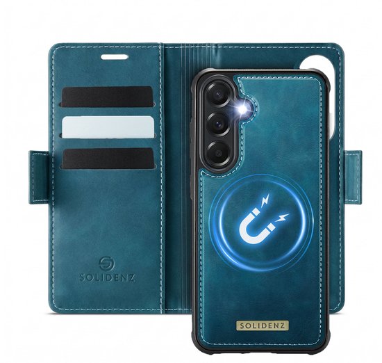 Blauw PU-leren telefoonhoesje met omklaphoes, afneembare hoes met creditcardhouders en magnetische sluiting.