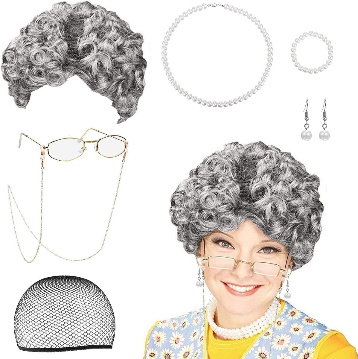 Oudere Dame Kostuum Set met Krullende Peruk, Bril, Brilkoord en Parel Sieraden voor Cosplay en Feestjes
