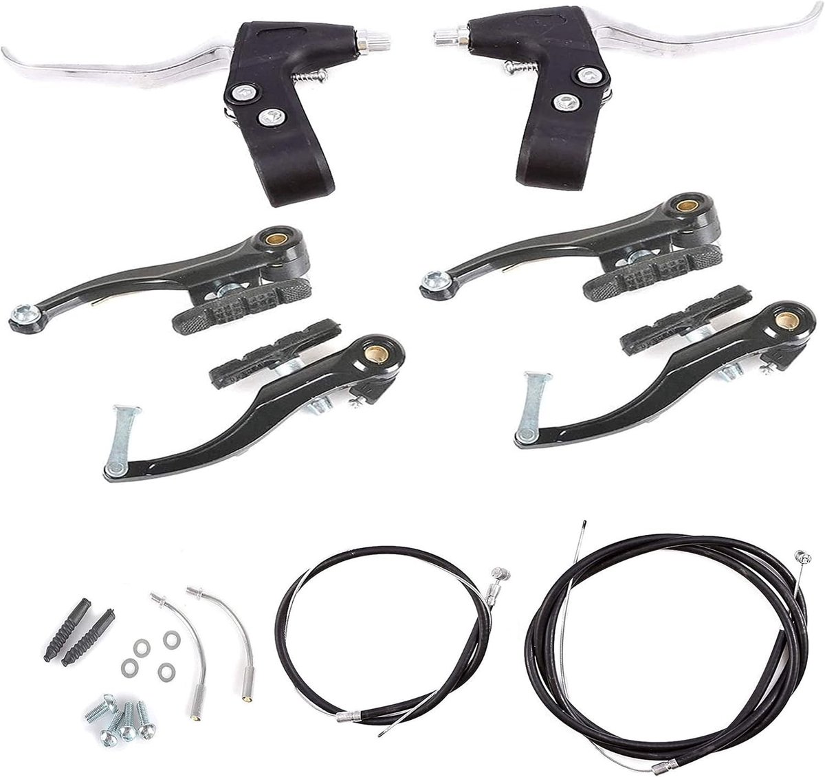 Remhendels voor Mountainbike en Racefiets, V-Brake Set met Voor- en Achterkabels, Inclusief Remklauwen en Montageaccessoires, Zwart