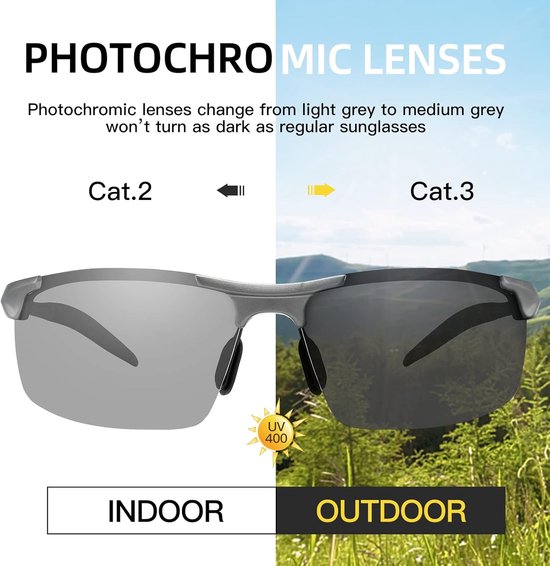 Gepolariseerde Zonnebril Heren Fotochromatisch Sports voor 100% UVA UVB Bescherming Metalen Frame — afbeelding 3
