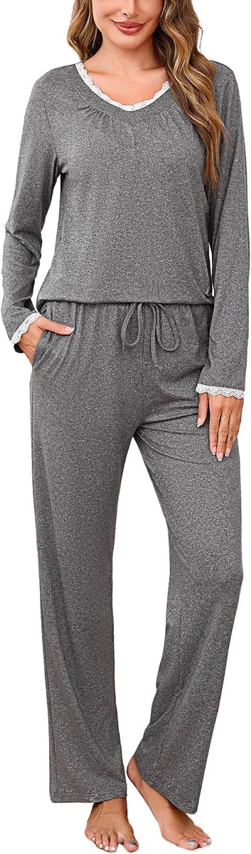 Damespyjama voor de winter, katoen, 2-delig, met V-hals, broek en lange mouwen, comfortabele slaapkleding met zakken en trekkoord, grote maten