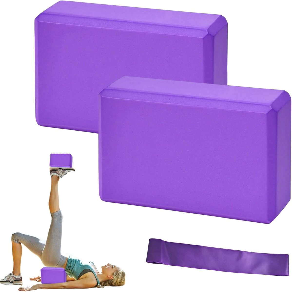 Set van 2 Yoga Blokken met Fitness Bands - Lichtgewicht, Antislip EVA Foam Blokken voor Pilates, Stretching en Krachtverbetering