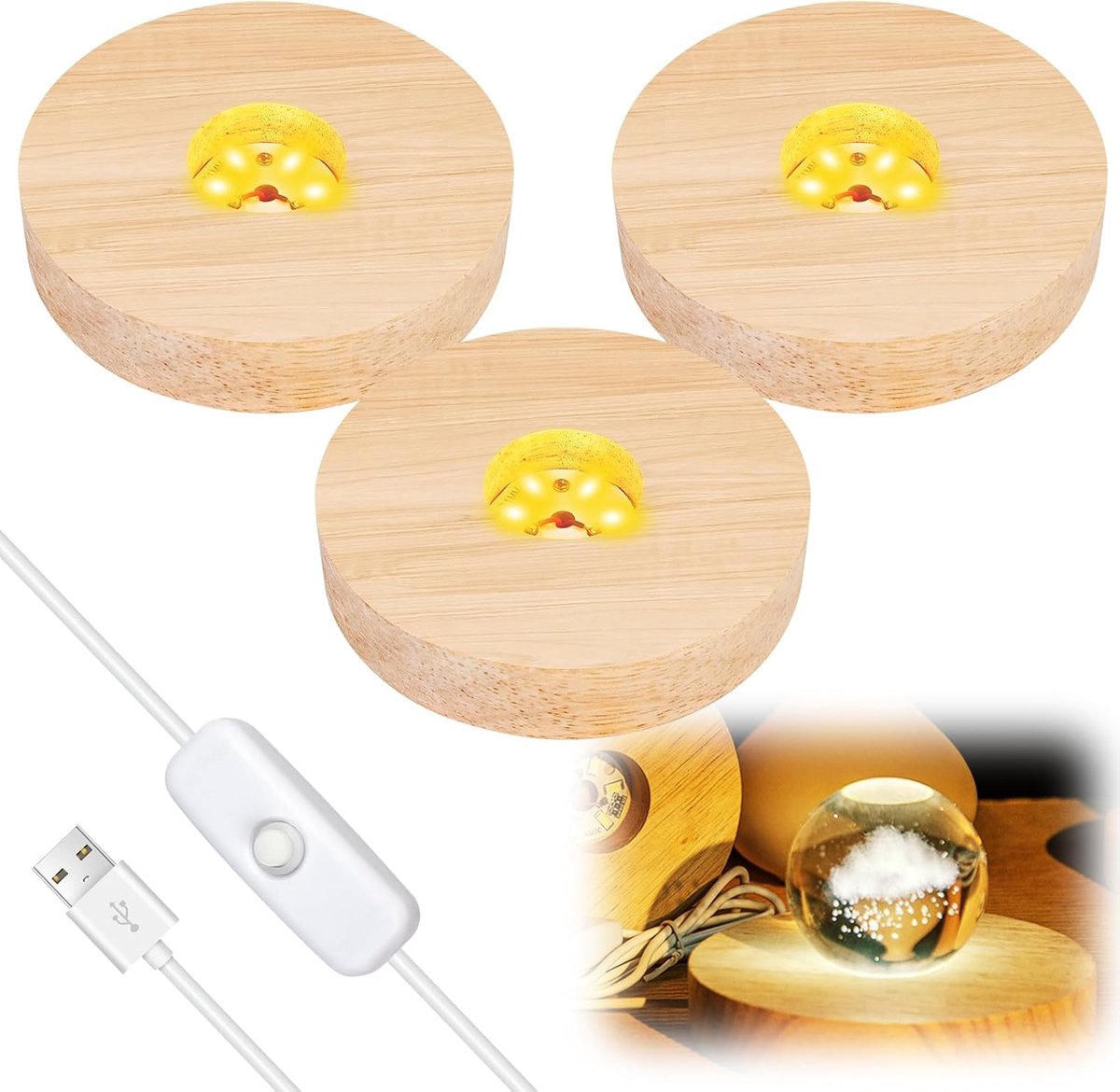 Houten led-sokkels, 3 stuks, USB-displaystandaard, ronde verlichte houten basis voor bureau, kristallen bal, glas, hars (10 cm, warm wit)