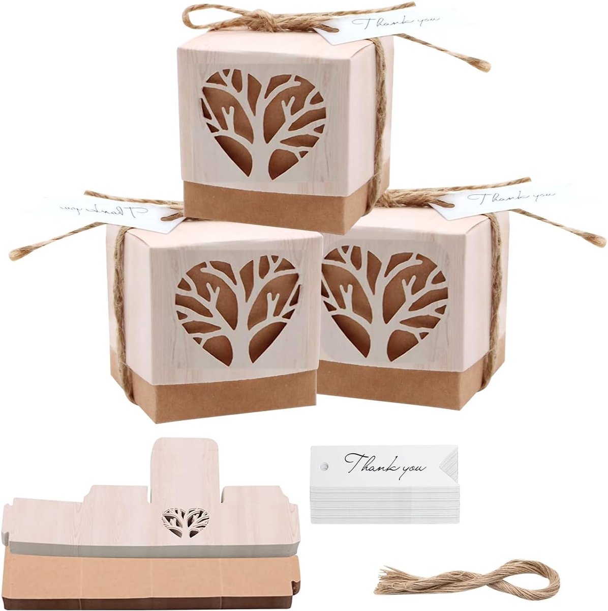 50 stuks The Tree of Life geschenkdoos voor snoep, geschenkdoos, kraftpapier, gastgeschenken, doop, kinderverjaardag, bruiloft, doop, verjaardag, feest, snoepdoos (hartvorm)
