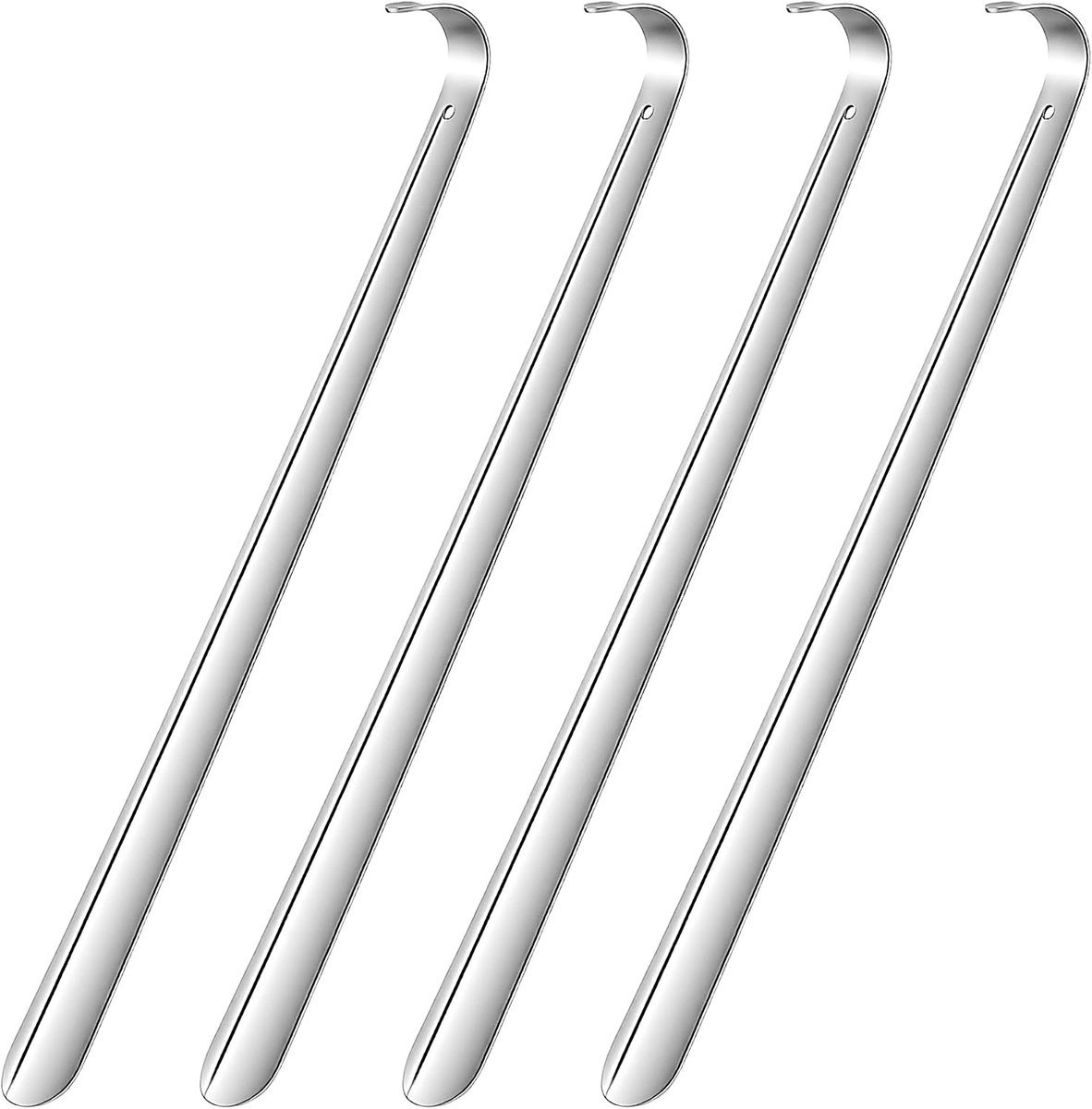 4 stuks schoenlepel lang 42 cm, roestvrij staal schoenlepel lang metaal met gaten om op te hangen, zilver