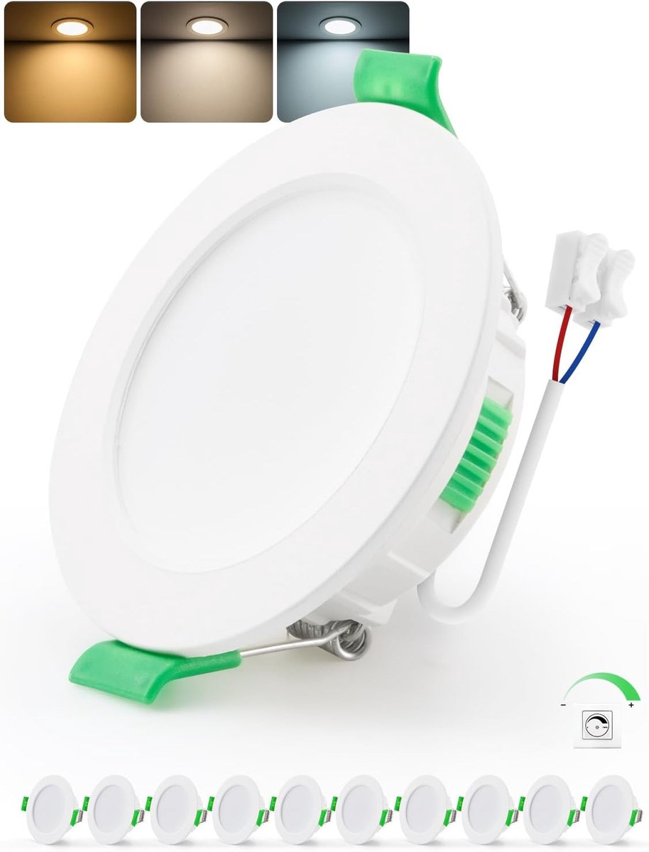 Led-inbouwspot, 230 V, dimmer, ledspots van 4 W, 55 mm - 68 mm, warmwit, neutraal wit, koudwit, plafondspot, plat, draaibaar, voor badkamer, Set van 10