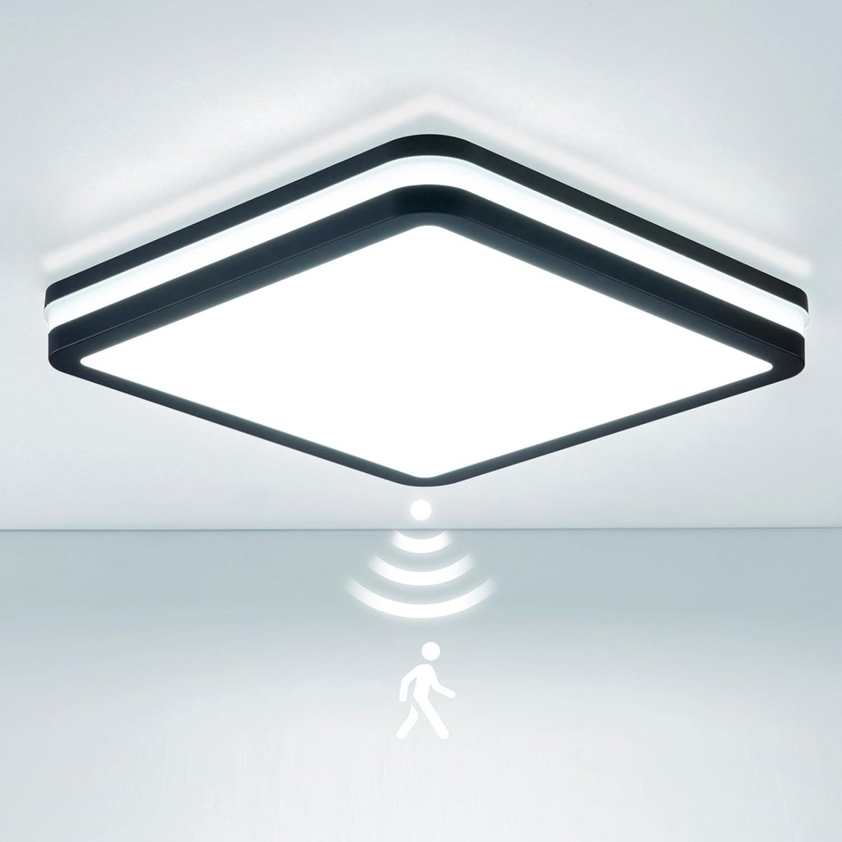 LED plafondlamp met bewegingsmelder IP65 waterdicht, 24W/30W 4500lm 150(Lm/W) sensor radar plafondlamp 3000K/4000K/6500K Ideaal voor badkamer, garage, kelder, gang, balkon, entree 26x26cm grijs