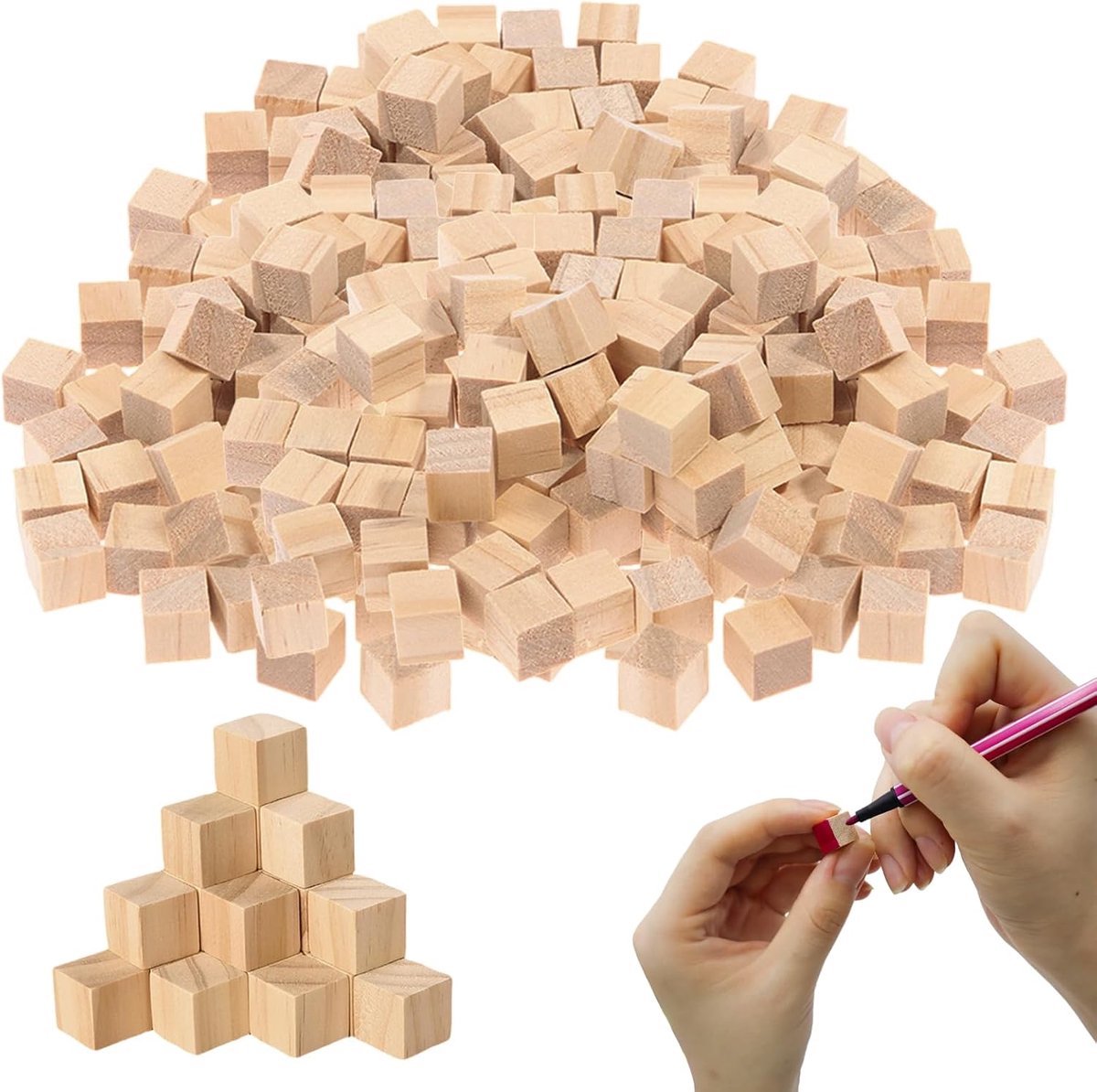 500 stuks houten blokjes, klein, 10 mm, doe-het-zelf houten blok, natuurlijke houten blokken, blanco, mini houten blokken, vierkant, houten dobbelstenen om te knutselen, knutselen, schilderen