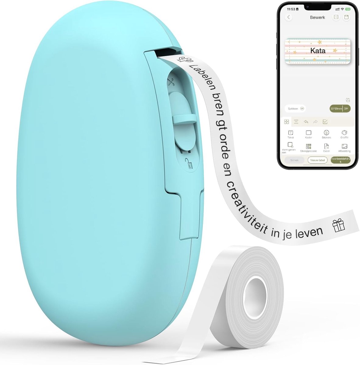 E10 Bluetooth Label Printer met 1 Rol doorlopende Etiketten, Cyaan | App met 30+ Lettertypen, 50+ Sjablonen, 600+ Pictogrammen, Inktloos, voor Thuis, Keuken, School en Kantoor