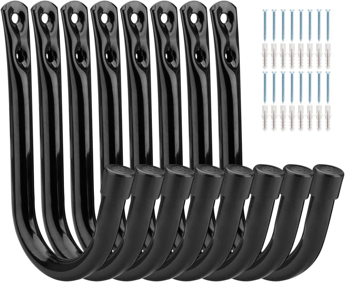 SnelShoppen - Heavy Duty Garage Opslag Haak, J Haak Muur Bevestiging, 8 Stuks Wandbevestiging Haken voor Tuin Gereedschap, Sportuitrusting, Garage, Sc