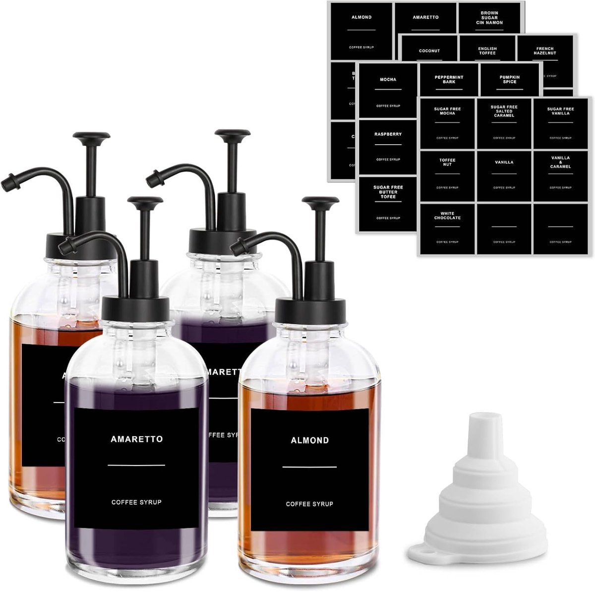 SnelShoppen - Set van 4 Glazen Coffee Syrup Dispensers 500ml Zwart met Pomp en Labels voor Koffiebar en Keuken Accessoires