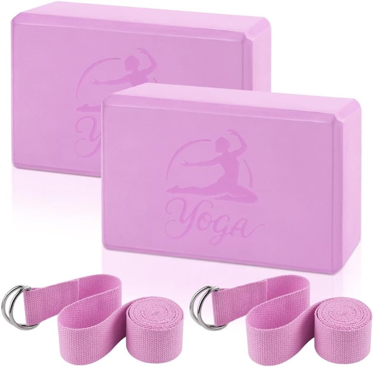 Set van 2 Yoga Blokken en 2 Yoga Straps, Antislip EVA Schuim, Stevige Blokken en Ondersteunende Band voor Pilates en Stretching