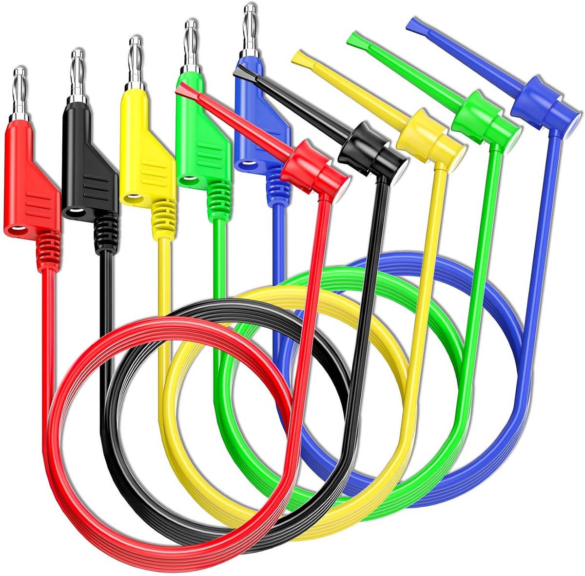 naar testhaken, testleidingen, 5 stuks, 4 mm, stapelbaar, banaanstekker naar testhaken, clips, flexibele testkabel, draden, 500 V, 5 A, voor multimeter, elektrische test