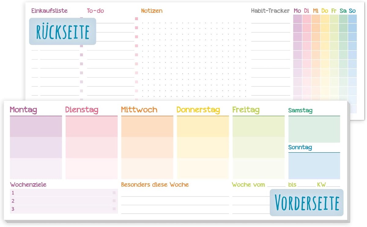 paper&you® weekplanner zonder vaste datum "Rainbow" 50 vellen - bureaukalender blok liggend ongedateerd incl. afsprakenplanner, gewoonteplanner, to-do lijst, boodschappenlijst, notities - duurzaam &