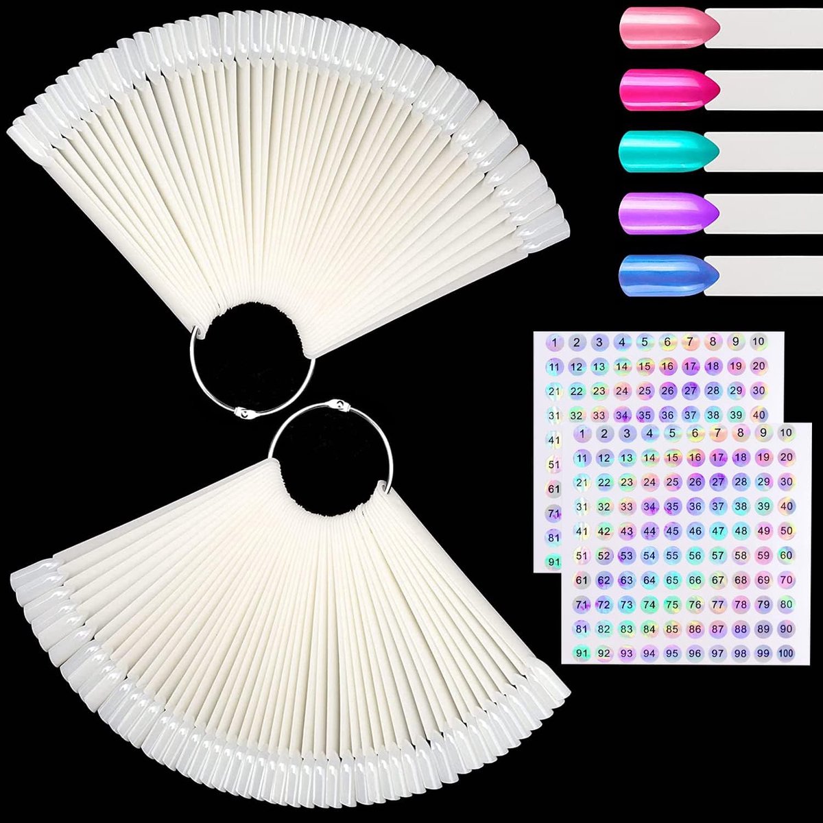 100 stuks nageldisplay met ring en 2 stuks nummerstickers 1-100, presentatietips nagels, patroontips voor nagels, swatch art voor nagelkleurdisplay (natuurlijk)