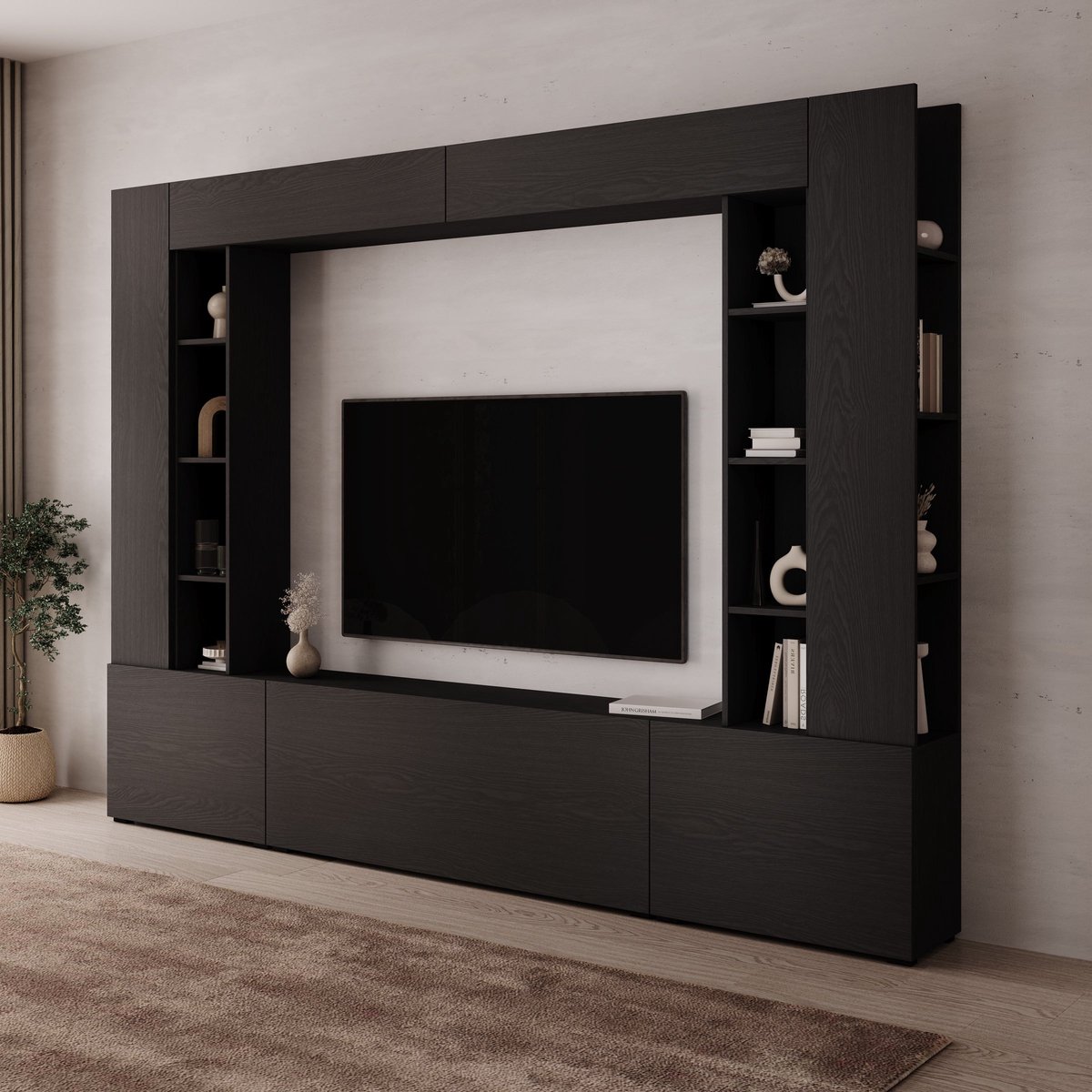 Meubella - Arlo - Wandmeubel - Zwart - 261x29x194 cm