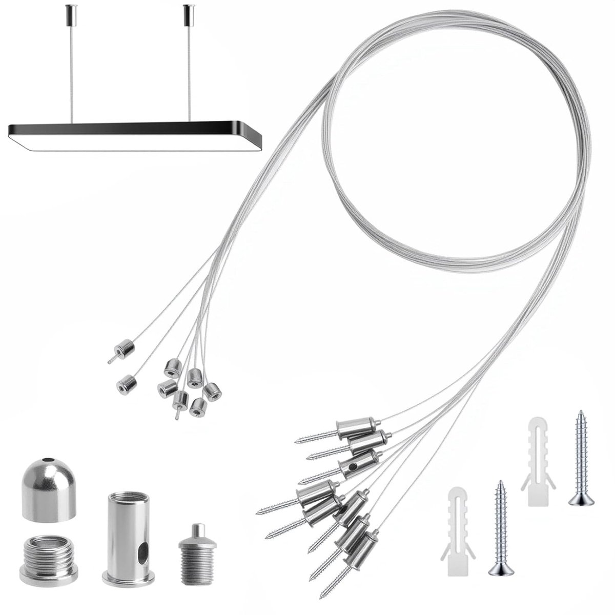 SnelShoppen - Set van 8 Kabel Hangers Bevestigingsset 1.5 mm x 1.5 m Oorknopjes Verstelbare Lamp Suspensie Draad Spanninghouder Metaal Plafondmontage