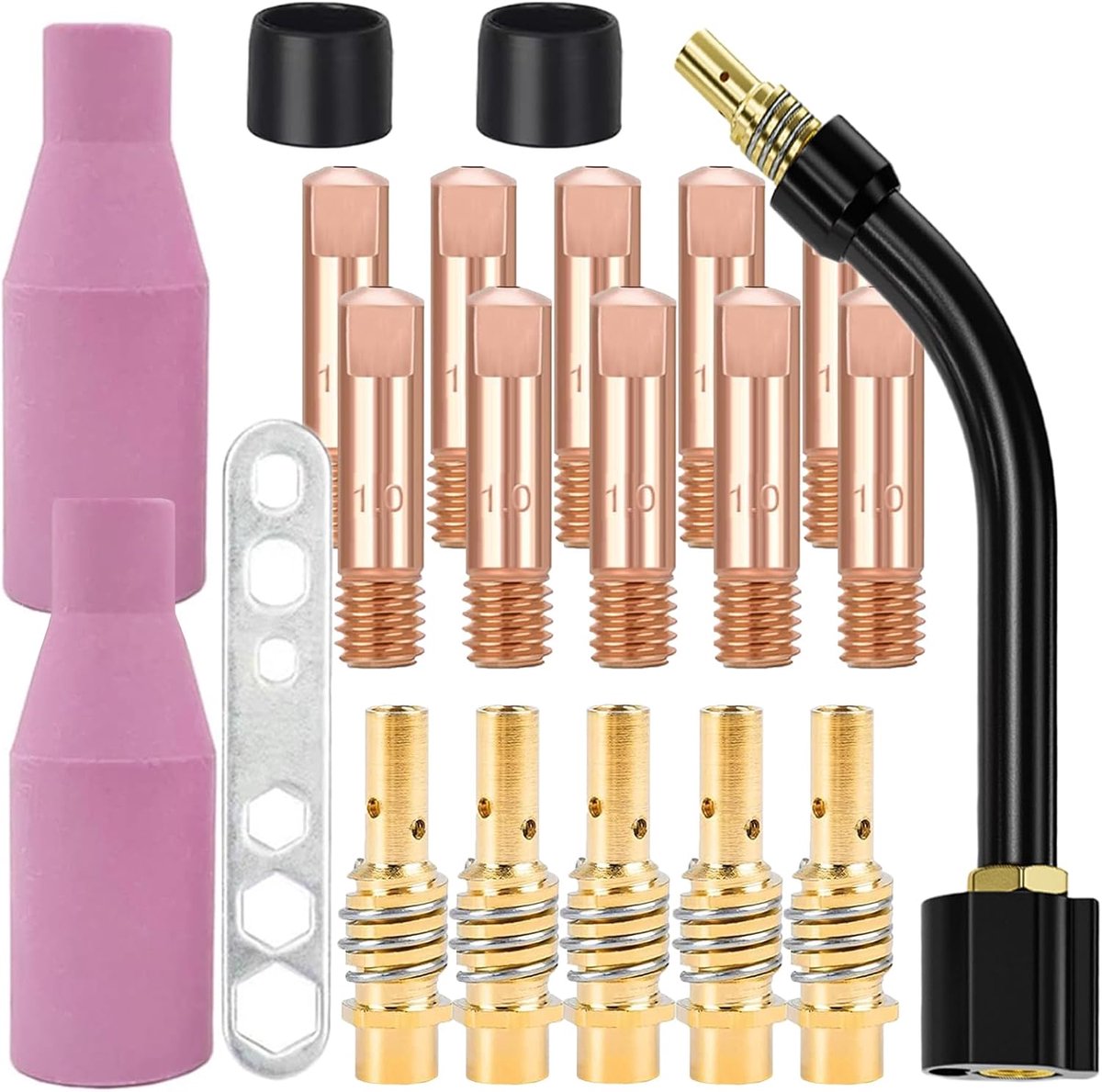 SnelShoppen - 21-delige accessoires set voor MIG/MAG lasmachine, verbruiksmaterialen, 10 nozzles, 5 contactpunten 1 mm M6, 2 isolatoren, 2 diffusers,