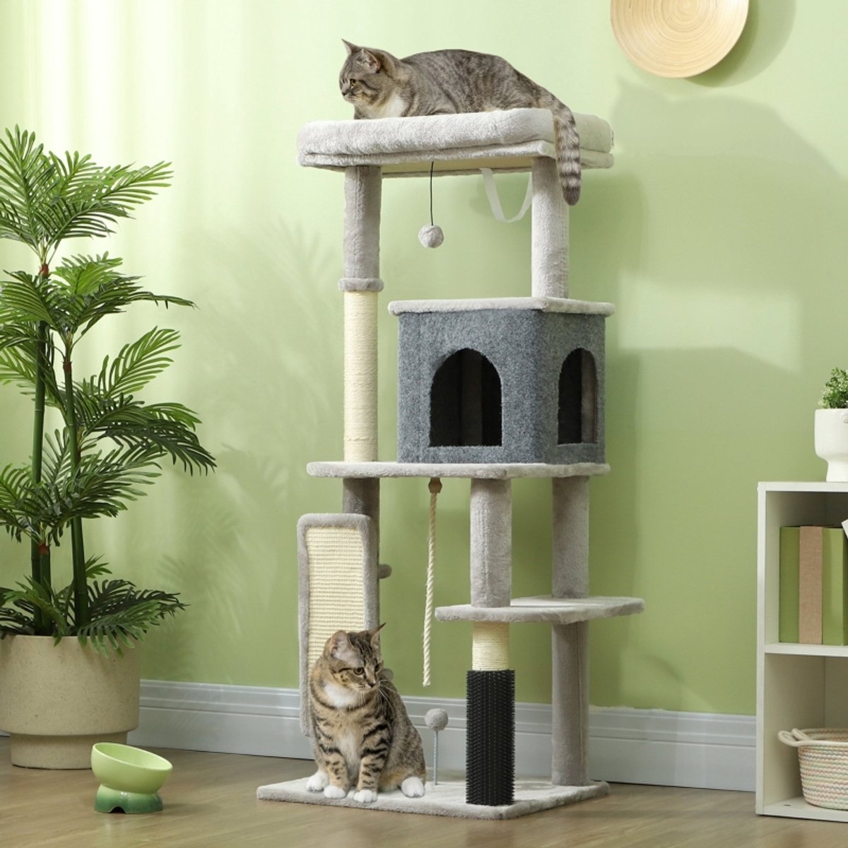 DESMIU Krabpaal – 132 Cm – Met Kattenhuis En Ligbed – Pluche En Sisal – Lichtgrijs – Voor 1 Tot 2 Katten – Met Speelaccessoires