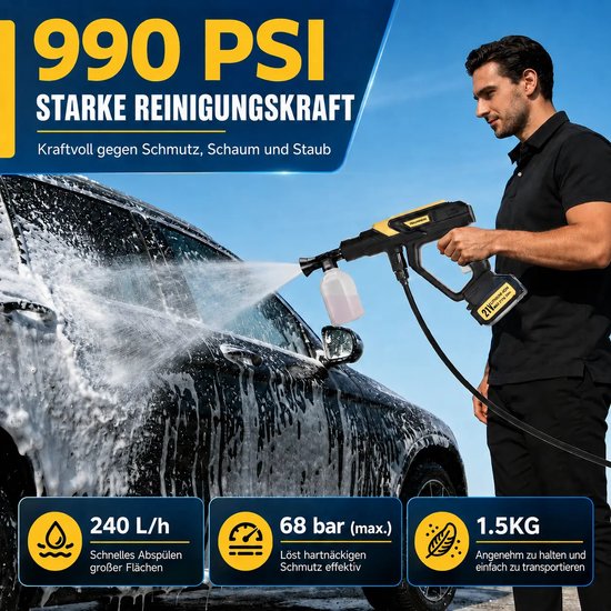 Traumheim® DT Hogedrukreiniger - Accu hogedrukreiniger - met verlengstang - 68 bar - 240 l/u - 5m waterslang - 400 W - 2×4000 mAh van Traumheim — afbeelding 3