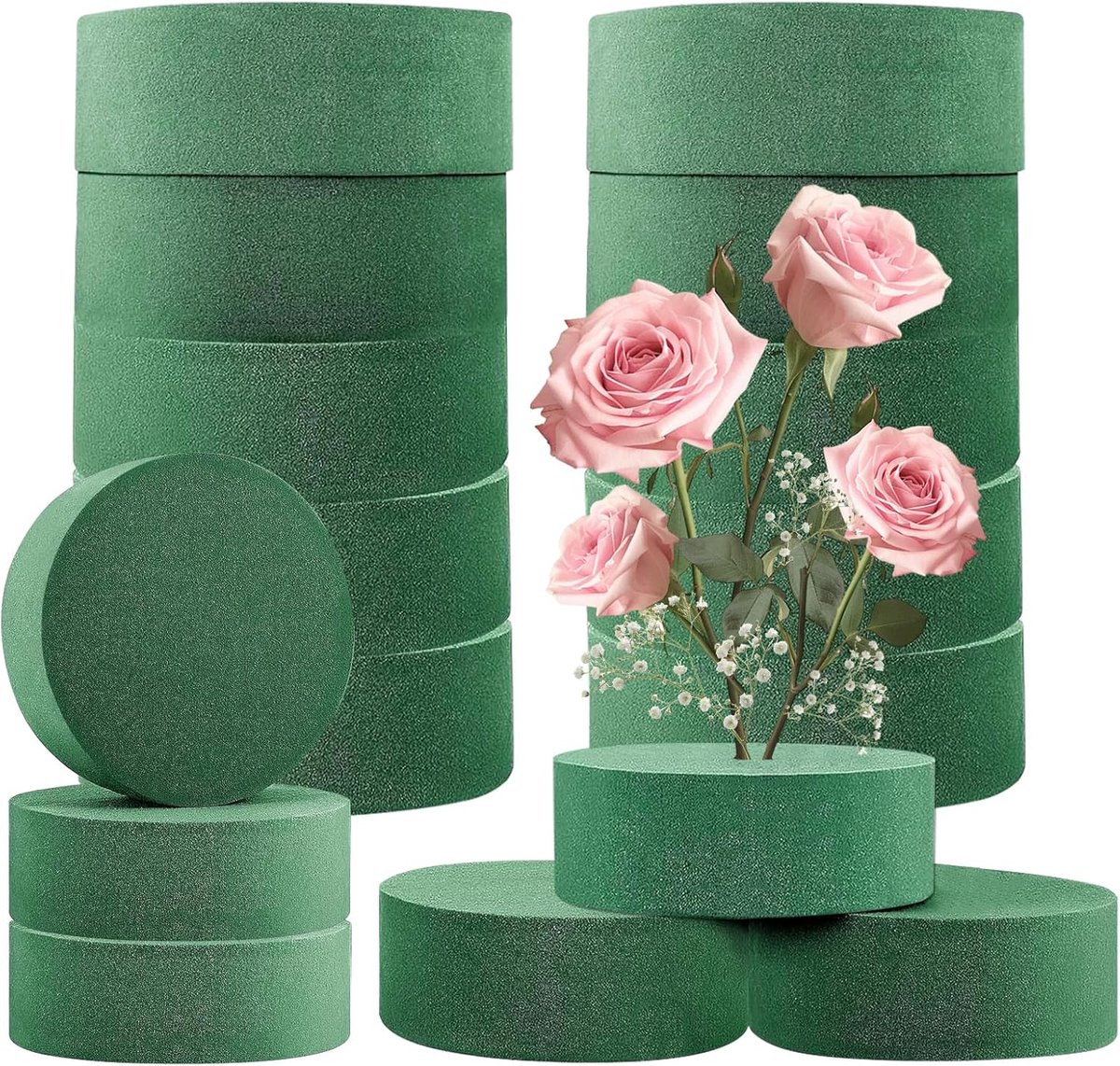 SnelShoppen - 16 Stuks Groene Bloemsponsen Rond 8×4 cm - Hoge Dichtheid en Stabiliteit - Ideaal voor Kunstmatige en Verse Bloemen, Bruiloften, Decorat