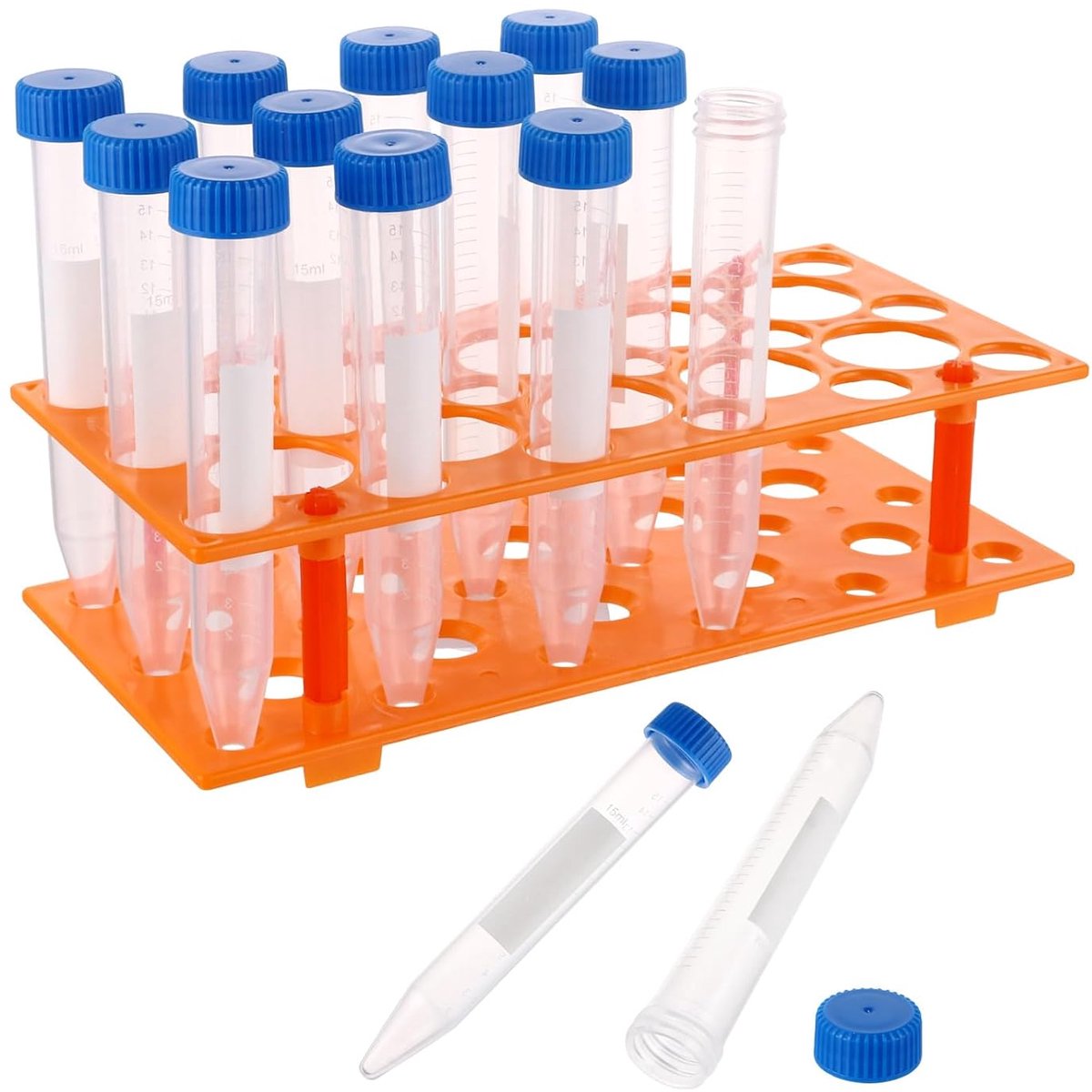 SnelShoppen - Pack van 100 Plastic Testbuizen 15 ml met Schroefdop, Inclusief Tube Stand en Stickers, Perfect voor Experimenten en Creatieve Projecten