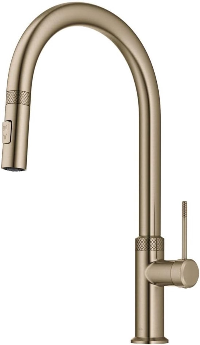 SnelShoppen - Keukenmengkraan met Uittrekbare Handgreep in Geborsteld Goud, Moderne Industrieel Design, 17 3/8" Hoog, Perfect voor Keuken