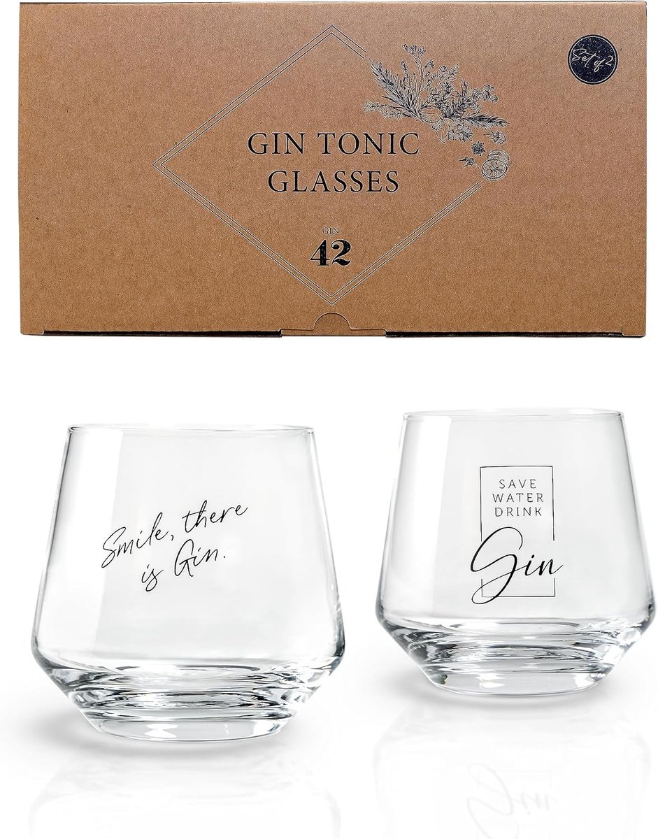 Gin Tonic Glazenset - Helder Glas - Met Typische Gin Spreuken - Vaatwasmachinebestendig - Voor Gin Liefhebbers