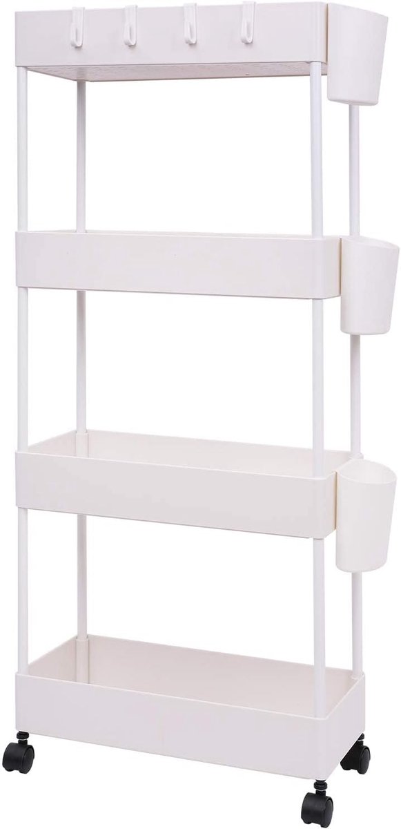 SnelShoppen - Mobiele Opslag Trolleys 4 Niveaus Keukenoplossing met Haken & Bekers, Smal Ontwerp voor Nauwe Ruimtes, Ideaal voor Keuken, Kantoor, Badk
