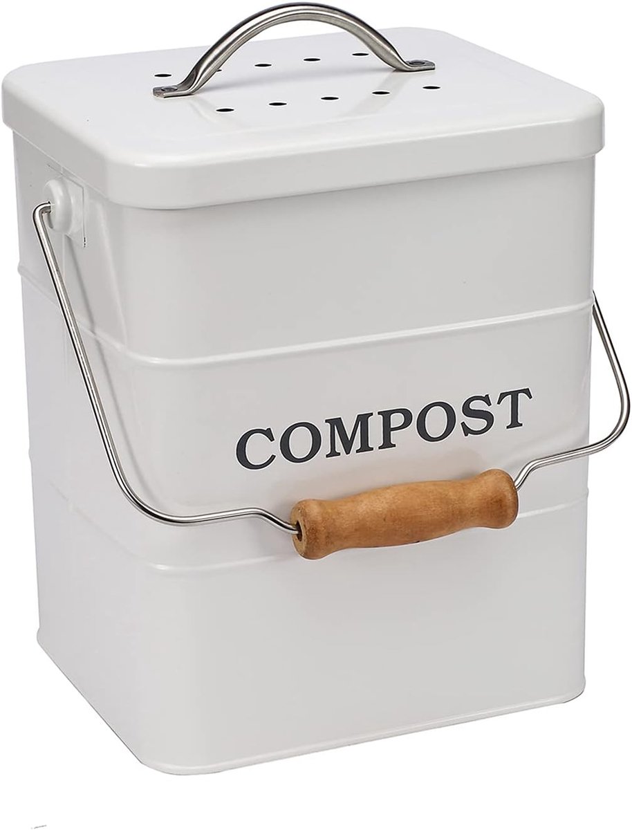 Indoor Kitchen Compost Bin for Kitchen Countertop, Great for Food Scraps, Carbon Steel, Handles, White, 1 Gallon - ShopVlot