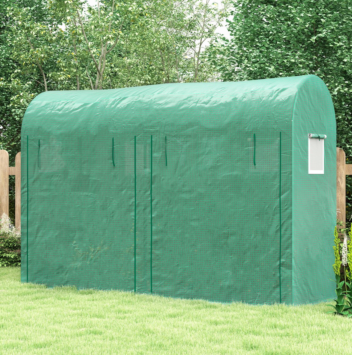 COVREO Tunnelkas 300x100x200 cm groen, staalframe met 4 ramen en roldeur